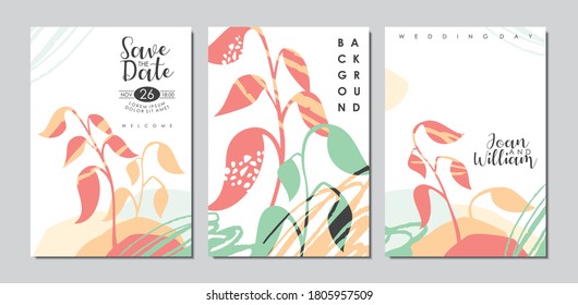 Wedding invitation card design template with plants and flowers. Abstract floral pattern background vector illustration.