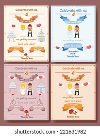 Wedding invitation card with design template element, including flowers, hearts, bride and groom, ribbon banners 