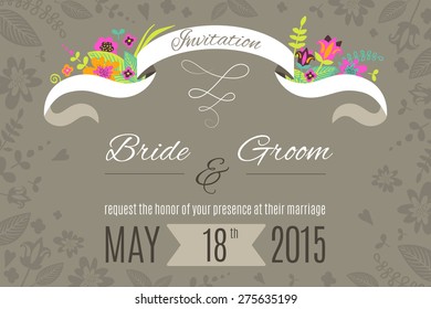 Wedding invitation card, design template with flowers, ribbons, date