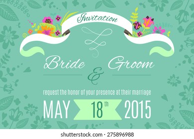 Wedding invitation card design template with flowers, ribbons, hearts. hand drawn unique style, vector illustration