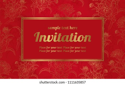 Wedding invitation and card design vector illustration, Red background with gold floral, save the date pattern invitation wedding card                                                                  