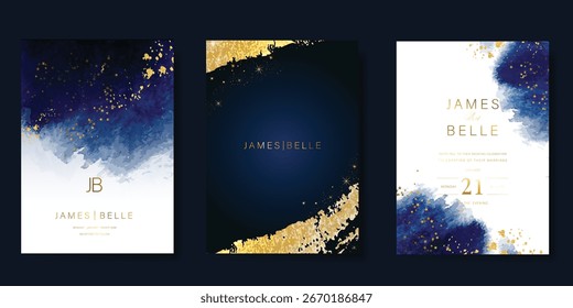 Conjunto de vetor de design de cartão de convite de casamento. Cartão de casamento elegante com pequena estrela e textura aquarela no fundo azul marinho. Ilustração de design para capa, cartaz, gala.