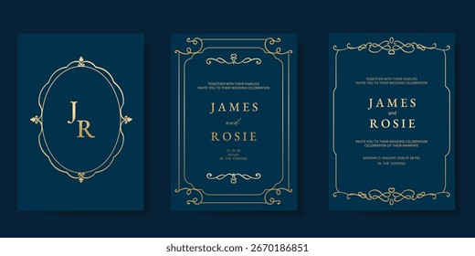 Wedding invitation card design vector set. Elegant wedding card with frame antique art deco on navy blue background. Design illustration for cover, poster, gala.