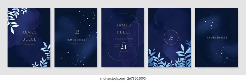Conjunto de Vector de diseño de tarjeta de invitación de Boda. Tarjeta de boda azul marino con pequeña estrella, marco de rama de hojas y textura decorativa de acuarela. Ilustración de diseño para portada, póster, gala.