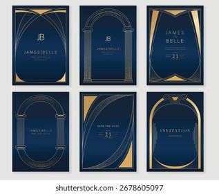 Hochzeits-Einladungskarte Design Vektor-Set. Marineblaue Hochzeitskarte mit Art-Deco-Rahmen und Spot-Textur dekorativ. Designgrafik für Cover, Poster, Gala.