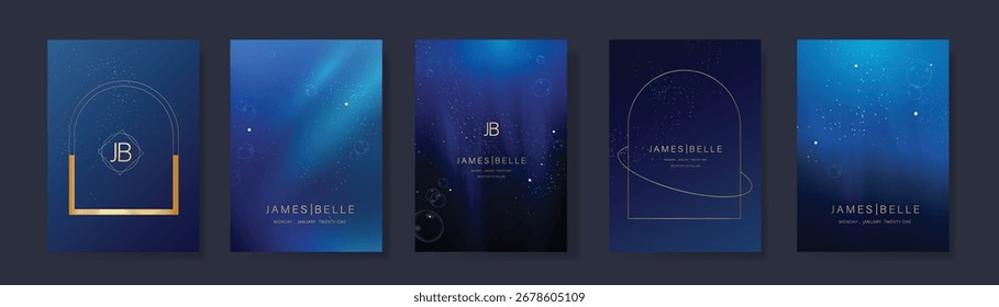 Conjunto de Vector de diseño de tarjeta de invitación de Boda. Tarjeta de boda azul marino con pequeña estrella, mariposa, marco y acuarela textura decorativa. Ilustración de diseño para portada, póster, gala.