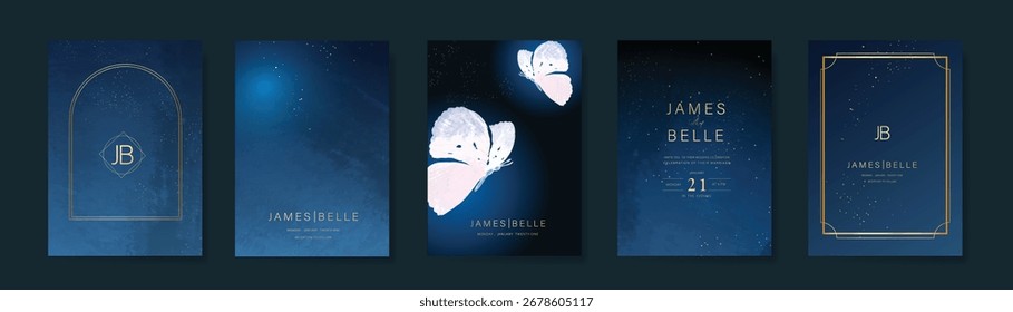 Conjunto de Vector de diseño de tarjeta de invitación de Boda. Tarjeta de boda azul marino con pequeño marco de mariposa estrella y textura decorativa de acuarela. Ilustración de diseño para portada, póster, gala.