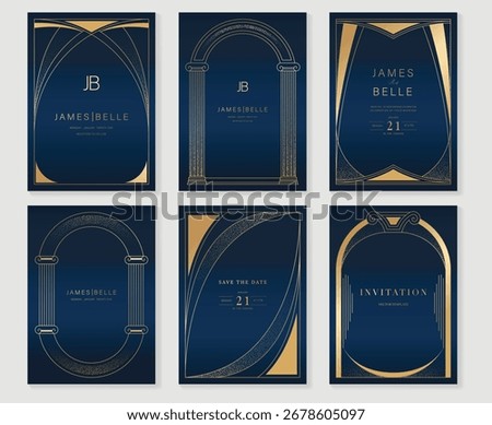 Wedding invitation card design vector set. Navy blue wedding card with art deco frame and spot texture decorative. Design illustration for cover, poster, gala.