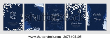 Wedding invitation card design vector set. Navy blue wedding card with little star, flower, butterfly and watercolour decorative texture. Design illustration for cover, poster, gala.