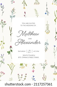 Diseño de tarjetas de invitación de boda con marco de flores silvestres y fondo para texto. Delicada plantilla floral romántica para la ceremonia de compromiso y matrimonio, fiesta. Ilustración vectorial plana de color