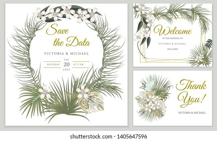 Wedding invitation card design.Tropical jungle leaves elegant  frame set, olive green plants, palm tree leaves. Modern decorative greeting card or invitation design vector background.