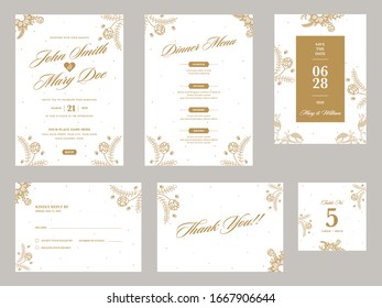 Wedding Invitation Card with Dinner Menu, Save The Date, Table No and Thank You Template Layout.