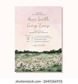 wedding invitation card with dreamy floral garden landscape watercolor background