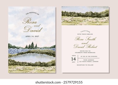 wedding invitation card with dreamy lake and garden watercolor background