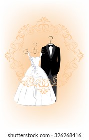 Wedding invitation card with dress the bride and groom in a beautiful frame. Vector illustration