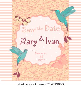 wedding invitation card editable with background chevron, font, type, butterflies and birds vector