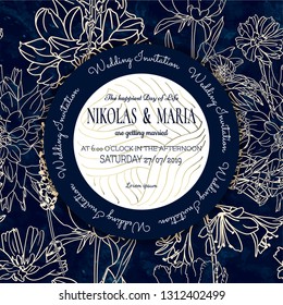 Wedding Invitation Card.   Eleganr deep blue colored design with white silhouettes of flowers decorations. Stylish template. Vector