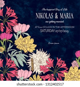 Wedding Invitation Card.   Eleganr deep blue colored design with colorfull flowers decorations. Stylish template. Vector