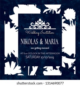 Wedding Invitation Card.   Eleganr deep blue colored design with white silhouettes of flowers decorations. Stylish template. Vector