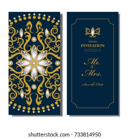 Wedding invitation card, elegant diamond and gold floral round pattern background , Indian design vector