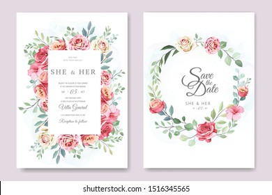 wedding and invitation card with elegant floral and leaves template