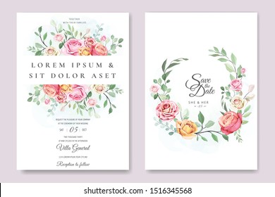 wedding and invitation card with elegant floral and leaves template