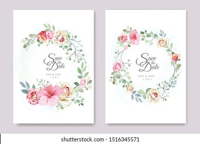 wedding and invitation card with elegant floral and leaves template