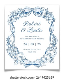Convite de casamento. Gravando quadro floral de arte de linha azul e arcos de fita. Cartão postal de casamento com elementos de flor desenhados à mão e tipografia manuscrita. Conceito de Toile de jouy. Ilustração vetorial.