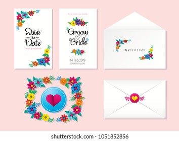 Wedding invitation card and envelope. Save the date couple marriage template flower floral paper art design vector illustration on pink background