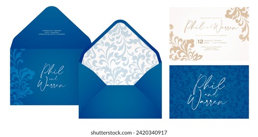 wedding invitation card envelope set design with blue and gold foil ornamental templates for Stationery, Layouts, collages, scene designs, event flyer, Holiday celebration cards papers printing covers