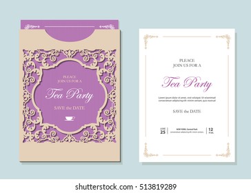 Wedding invitation card and envelope template with laser cutting filigree frame. Gold and purple contrast colors.