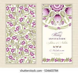 Wedding invitation card in ethnic  style. The front and rear side. Ornament with leaves and flowers.