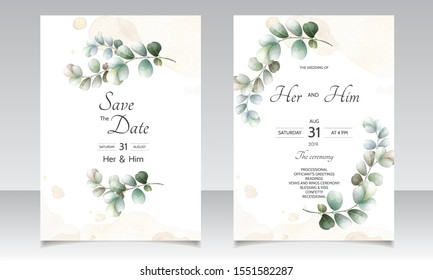 wedding invitation card with Eucalyptus leaves template