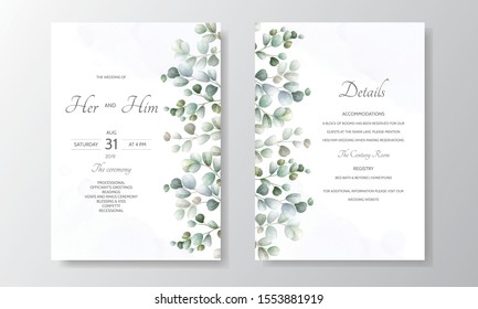 wedding invitation card with Eucalyptus leaves template