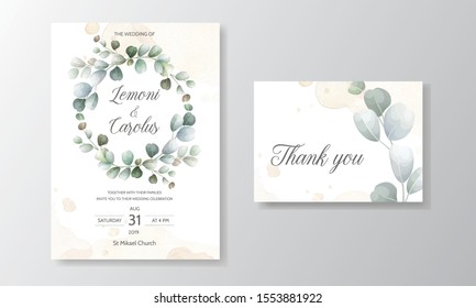 wedding invitation card with Eucalyptus leaves template