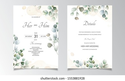 wedding invitation card with Eucalyptus leaves template