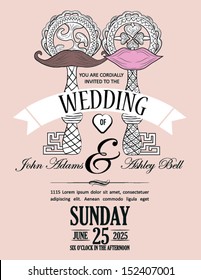 Wedding Invitation Card Featuring keys with Mustache and a Lip