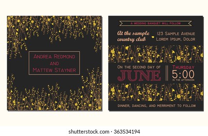 Wedding invitation card with floral background and decorated with hand drawn branch of flax