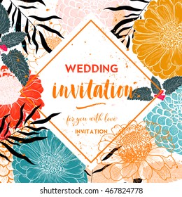 Wedding invitation or card with floral chrysanthemum