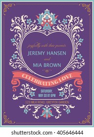 Wedding Invitation Card. Floral Elegance Background. Light Blue, Red, white on Magenta.