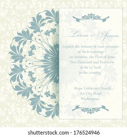 Wedding invitation card with floral elements. Vintage background. Vector illustration. Ornamental circle.