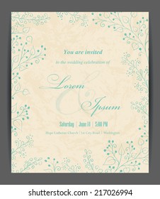 Wedding invitation card with floral elements. Vintage background. Vector illustration.