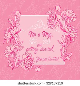 Wedding invitation card with floral elements, flowers, vignette, calligraphic handwritten text on pink background.