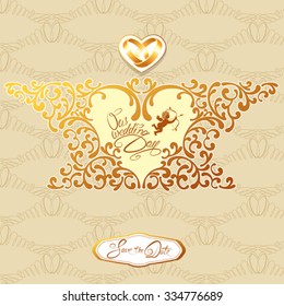 Wedding invitation card with floral elements, frame in heart shape, vignette, calligraphic handwritten text, angel, rings on beige and gold background.
