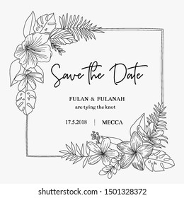 wedding invitation card with floral and flower hand drawn ornament decoration doodle art style template mockup vector illustration