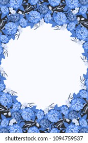 Wedding invitation card. Floral frame design with zinnia flowers, silver eucalyptus branch, willow, greenery leaves.