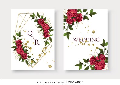 Wedding invitation card with floral golden geometric triangular frame save the date design with red flowers roses green leaves wreath. Botanical elegant decorative vector illustration