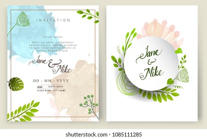 Wedding Invitation, Invitation card with  floral and green tropical modern card Design, decorative wreath & frame pattern. Vector elegant watercolor template