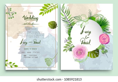 Wedding Invitation, Invitation card with floral and green tropical leaves, modern card Design, decorative wreath & frame pattern. Vector elegant watercolor template