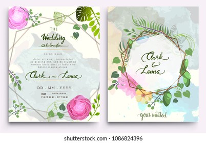 Wedding Invitation, Invitation card with floral and green tropical leaves, modern card Design, decorative wreath & frame pattern. Vector elegant watercolor template
